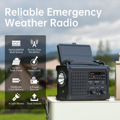 Solar Radio Emergency Hand Crank 12000mAh with Clear Signal, AM FM NOAA Weather Radio Battery Operated with 2-Mode LED Flashlight Cell Phone Charger Dual Outputs SOS