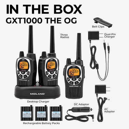 Midland GXT1000X3VP4 GMRS Two-Way Radio (50-Channel, Long Range, 142 Privacy Codes, SOS, NOAA, Rechargeable Nickle Battery, Black/Silver, 3-Pack)