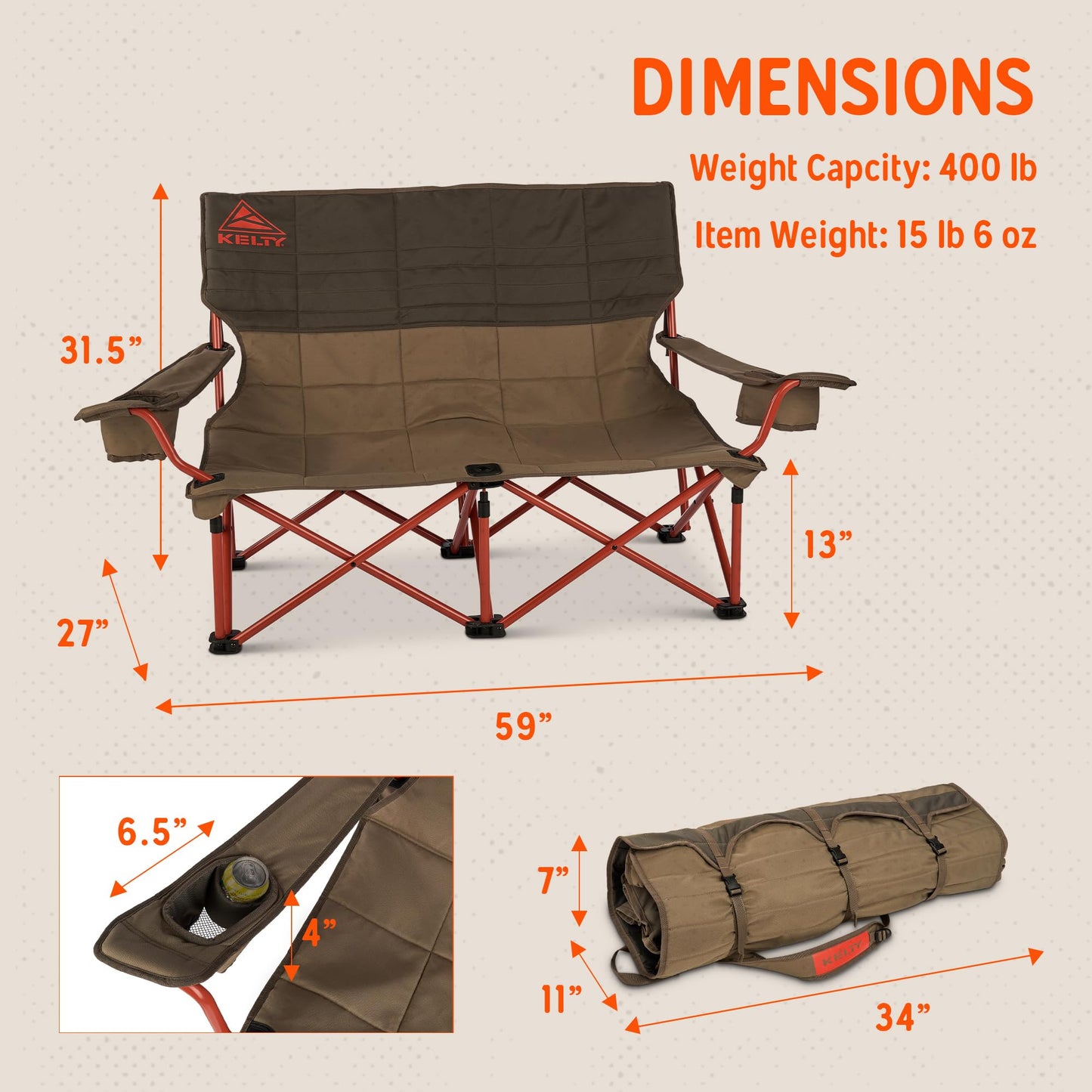 Kelty Low Loveseat Oversized 2-Person Heavy Duty Folding Camp Chair, Double Seat for Soccer Games, Tailgating, Beach Days (Low Height/Dark Shadow)