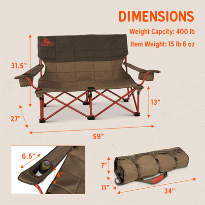 Kelty Low Loveseat Oversized 2-Person Heavy Duty Folding Camp Chair, Double Seat for Soccer Games, Tailgating, Beach Days (Low Height/Dark Shadow)
