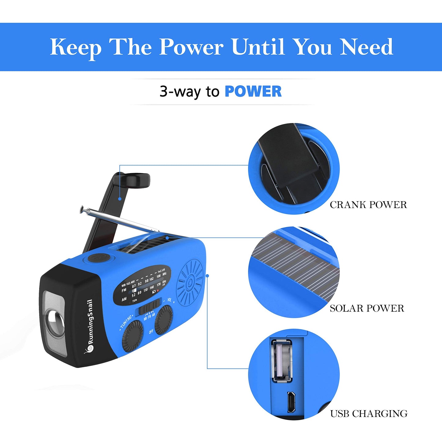 Emergency Crank Weather Radio, 14800mWh Solar Hand Crank Portable AM/FM/NOAA Weather Radio with 1W 3 Mode Flashlight & Reading Lamp, Cell Phone Charger, SOS for Home and Emergency