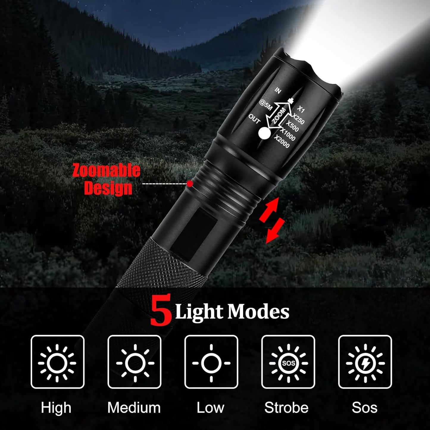 Zoomable LED Flashlights with 5 Modes 2Pack Christmas Stocking Stuffers Birthday Gifts for Men Him Dad Included Batteries Bright Tactical Torch High Lumens Outdoor Fishing Hiking Camping Essentials