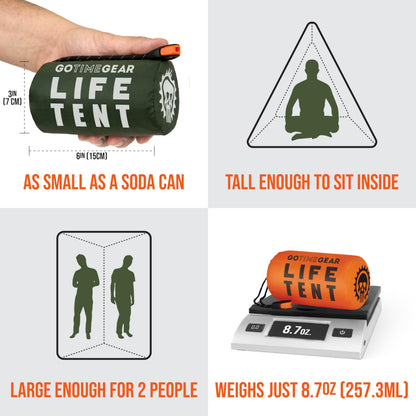 Go Time Gear Survival Life Tent • 2 Person Mylar Emergency Shelter Tube Tent + Paracord • All-Weather Protection for Camping, Hiking, & Survival Kits • Includes Emergency Whistle