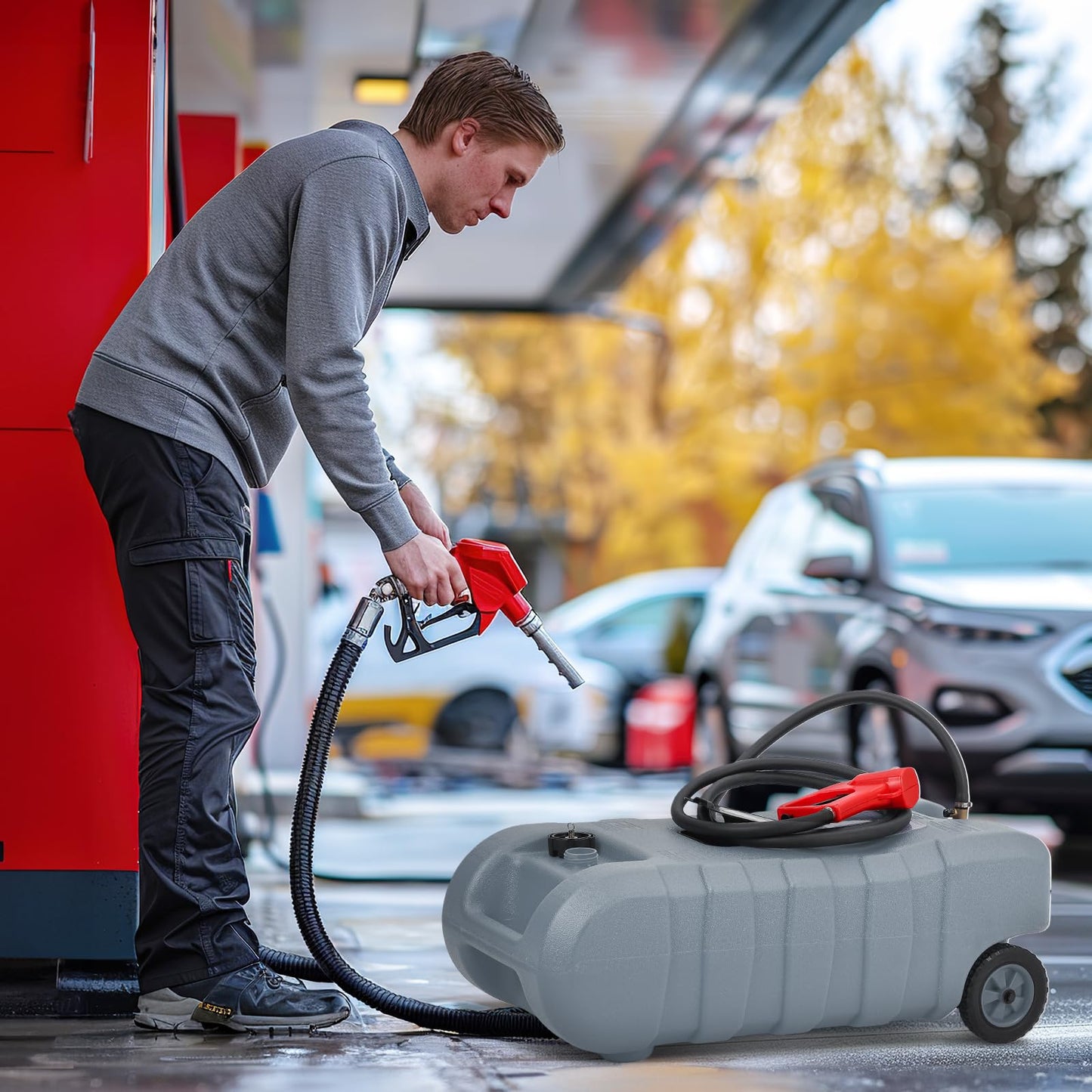 15 Gallon Gas Can, Fuel Tank Container with LE Fluid Transfer Manual Siphon Pump & 10FT Hose, Portable Diesel Gas Storage Caddy with Wheels for Car, ATV, Weeder, Boat, etc., Red