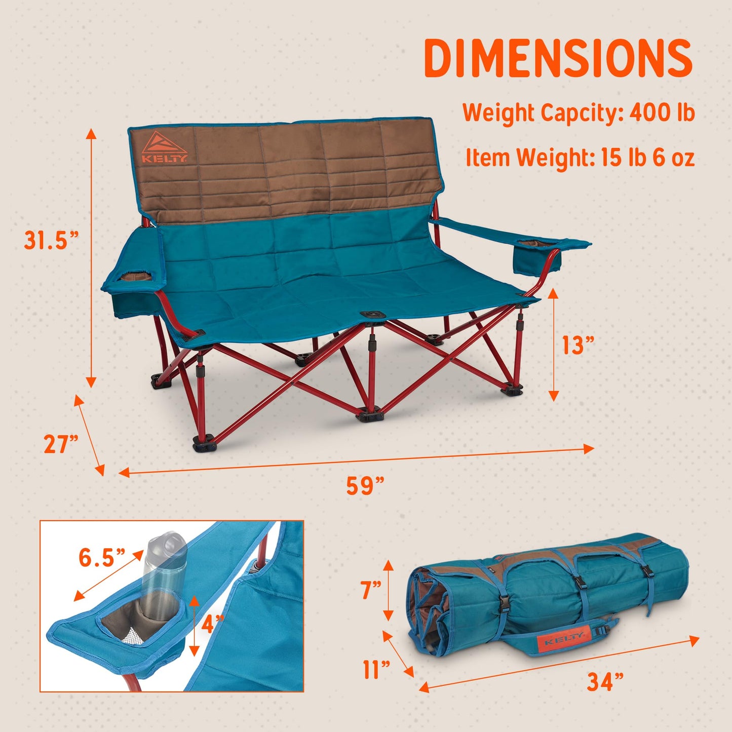 Kelty Low Loveseat Oversized 2-Person Heavy Duty Folding Camp Chair, Double Seat for Soccer Games, Tailgating, Beach Days (Low Height/Dark Shadow)