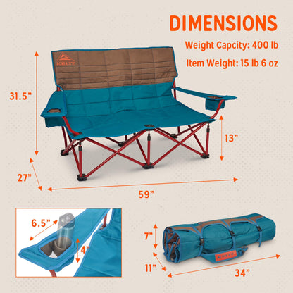 Kelty Low Loveseat Oversized 2-Person Heavy Duty Folding Camp Chair, Double Seat for Soccer Games, Tailgating, Beach Days (Low Height/Dark Shadow)