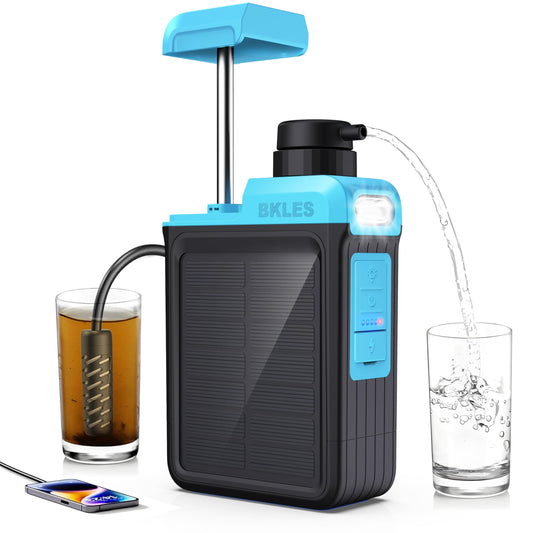 BKLES 3-in-1 Solar Electric Water Filter with Hand Pump - Camping Water Filtration System Survival, Portable Water Purifier with Emergency Light, Survival Kit for Backpacking, Gifts for Father's Day