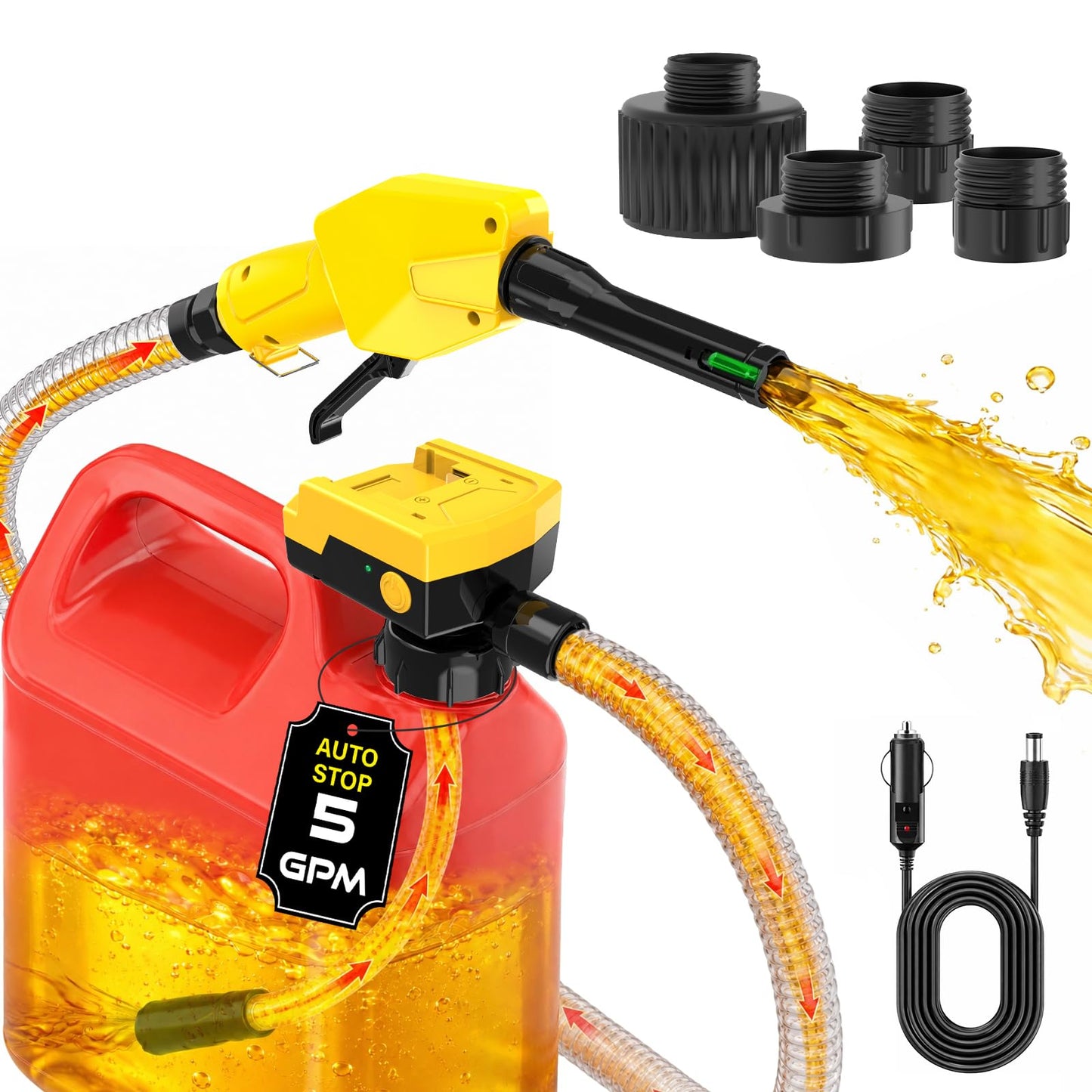 Keimi 5 GPM Cordless Fuel Transfer Pump with Auto-Stop & Hand Trigger Nozzle, Compatible with DeWalt 20V & Milwaukee 18V Batteries, Gas Can Pump for Gasoline/Diesel, 51" Hose & 4 Adapters