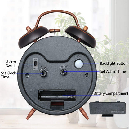 Peakeep 4 Inches Twin Bell Loud Alarm Clock for Heavy Sleepers, Backlight, Battery Operated Old Fashioned Alarm Clock for Bedrooms (3D-Dial, Black)
