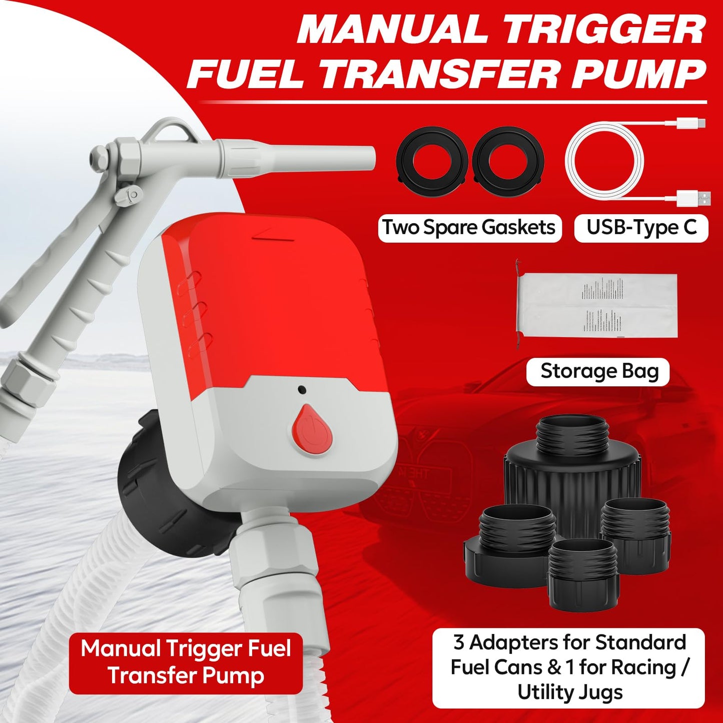 Keimi 5 GPM Cordless Fuel Transfer Pump with Auto-Stop & Hand Trigger Nozzle, Compatible with DeWalt 20V & Milwaukee 18V Batteries, Gas Can Pump for Gasoline/Diesel, 51" Hose & 4 Adapters
