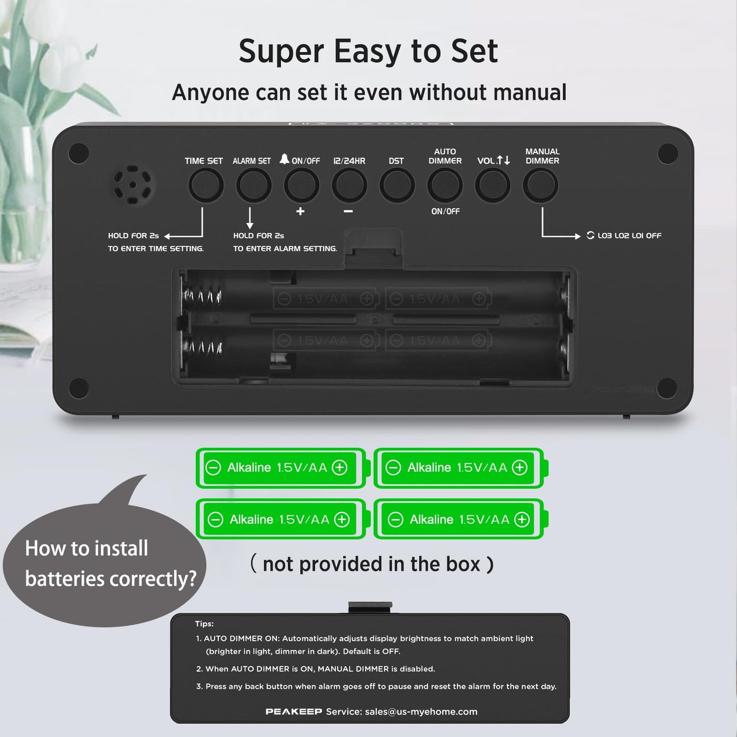 Peakeep Battery Operated Digital Alarm Clock for Bedrooms Cordless - Auto/Manual Dimmer, Volume Adjustable, Large Big Numbers Display, Dual Power Supply