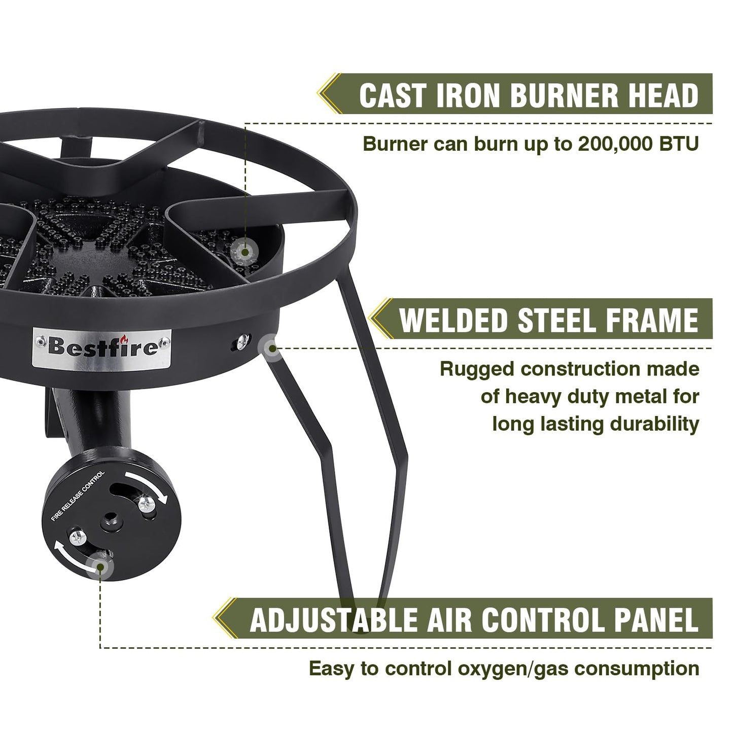 Bestfire 3 Burners Camping Stove for Cooking Outdoor, 225,000 BTU Propane Burners with Ignition wire&Removable Legs, Temperature Control Knobs and 20 PSIG High Pressure Regulator for BBQ