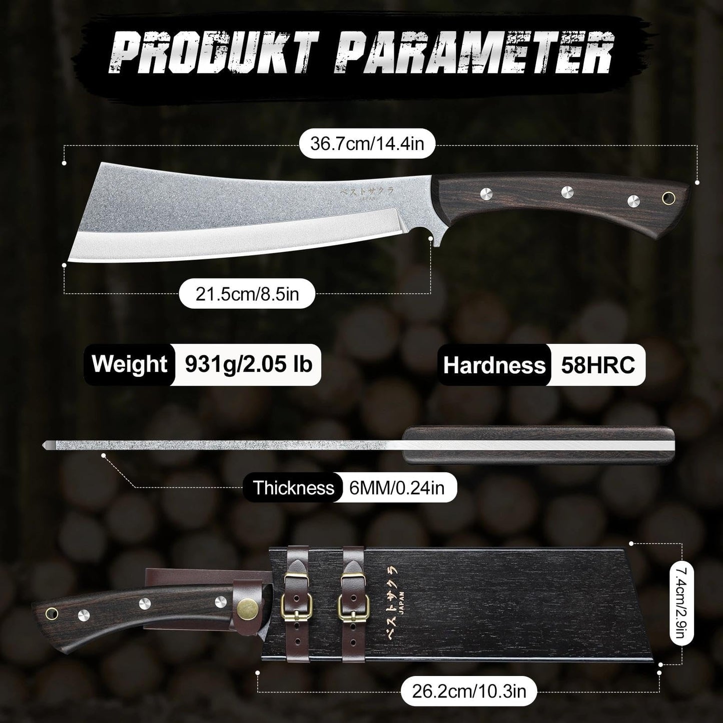 Freelander Japanese Machete for Cutting Trees Heavy Duty, Full Tang Black Survival Machete Knife with Wooden Sheath for Yard Work, Gardening, Camping and Bushcraft, Gifts for Men