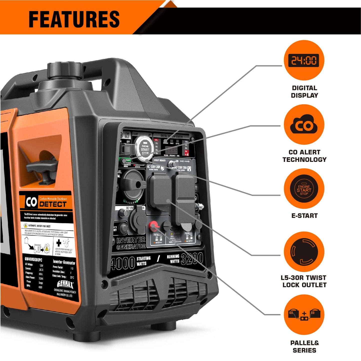GENMAX Generator，EPA Compliant, Eco-Mode Feature, Ultra Lightweight for Backup Home Use & Camping