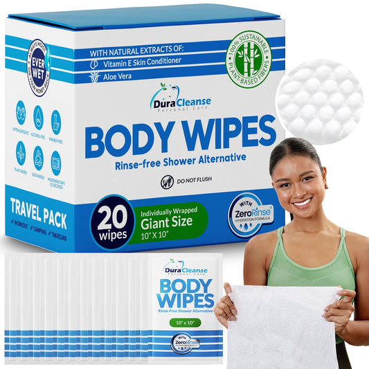 XL Body Wipes for Adults Bathing – 50 Ct + 4 Travel Shower Wipes 10 x 11.5" Thick Cleansing No Rinse Bath Wash Sheets for Elderly, Incontinence, Men & Women, Camping Essentials Disposable Washcloths