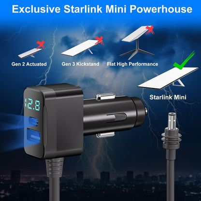 Starlink Mini Car Adapter 10FT 3-in-1 Cable & 12V-24V Adapter with Display | Starlink-Mini 12V Adapters for Cars, Trucks, RVs | USB-C PD 36W & USB-A QC 18W | Waterproof