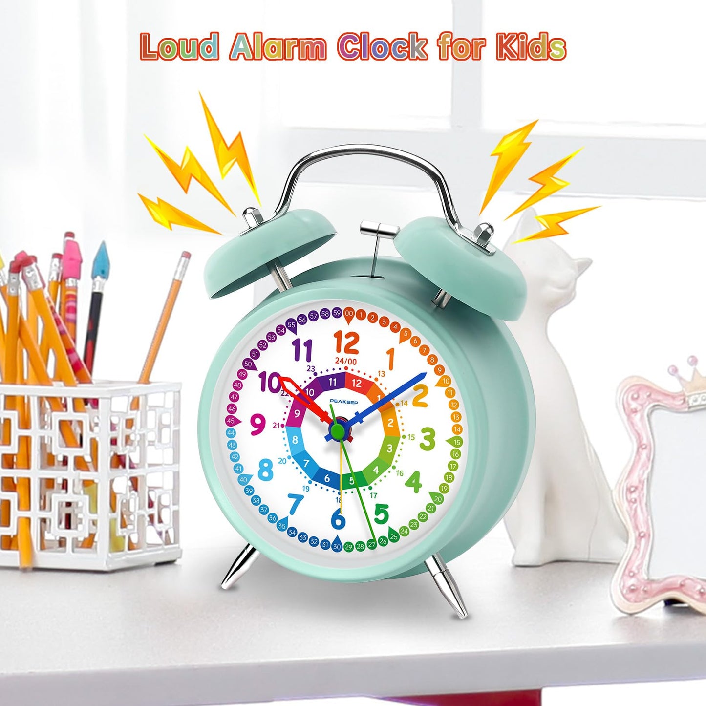 Peakeep 4 Inches Twin Bell Loud Alarm Clock for Heavy Sleepers, Backlight, Battery Operated Old Fashioned Alarm Clock for Bedrooms (3D-Dial, Black)
