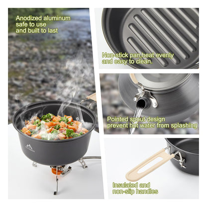 THTYBROS 17pcs Camping Cookware Kit, 0.45Gal Pot, 7inches Pan,0.30Gal Kettle Set with 2 Set Stainless Steel Cups Plates Forks Knives Spoons for Hiking