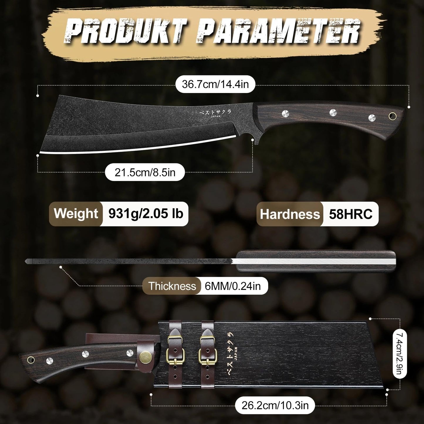 Freelander Japanese Machete for Cutting Trees Heavy Duty, Full Tang Black Survival Machete Knife with Wooden Sheath for Yard Work, Gardening, Camping and Bushcraft, Gifts for Men