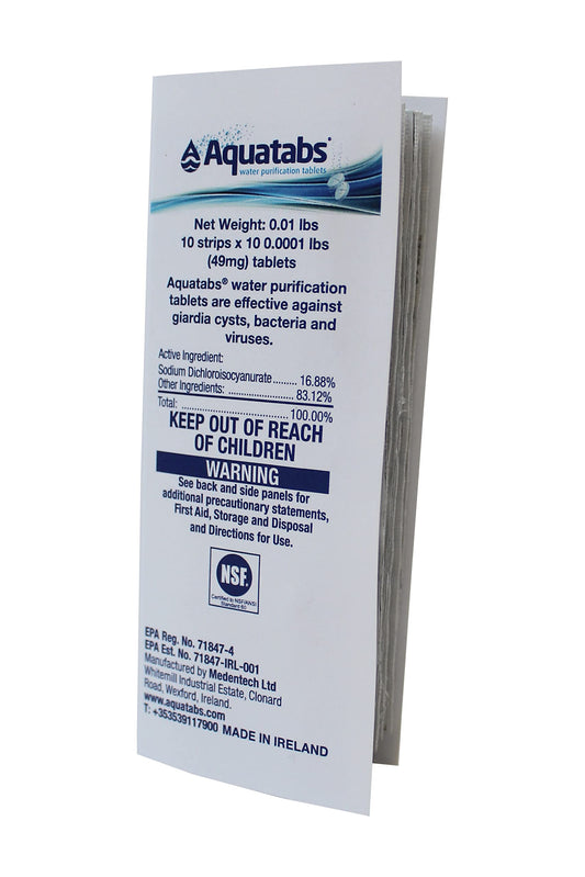 Aquatabs Water Purification Tablets (397mg, 100 Pack). Water Filtration System for Camping, Boating, Emergency Water, Survival Kit, and Marine. Easy-to-Use Water Purifier Treatment.