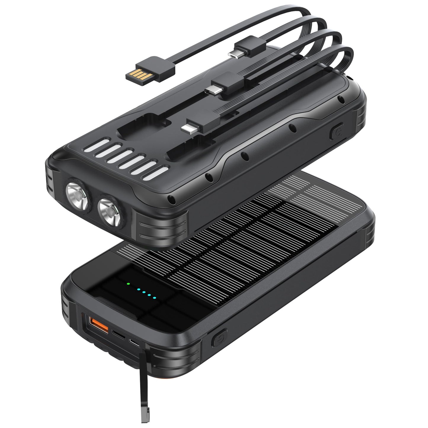 MINRISE Solar Power Bank 40000mAh, Portable Charger PD 20W Fast Charging Solar Charger Power Bank Built in 4 Cables and USB-C in/Output, Camping Essentials External Battery Pack with Flashlights