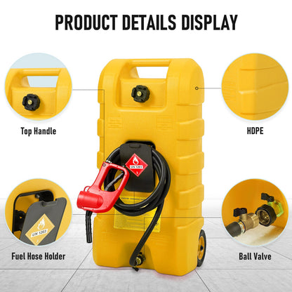 15 Gallon Gas Can, Fuel Tank Container with LE Fluid Transfer Manual Siphon Pump & 10FT Hose, Portable Diesel Gas Storage Caddy with Wheels for Car, ATV, Weeder, Boat, etc., Red