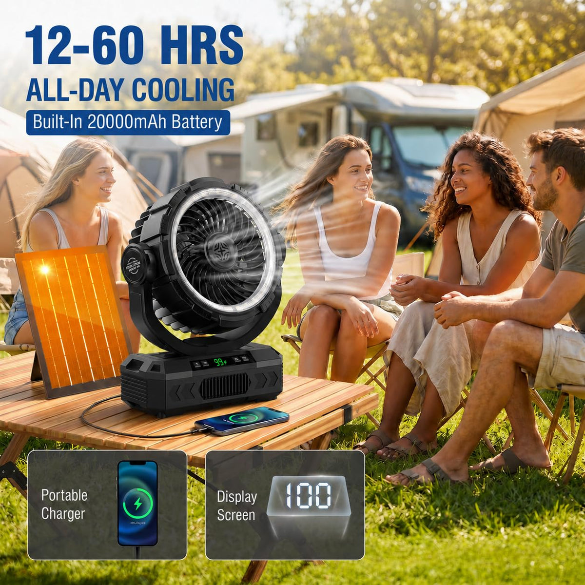 Rechargeable Solar Camping Fan, Oscillating, 5 Speeds, 3 Lights & 12-Hour Timer