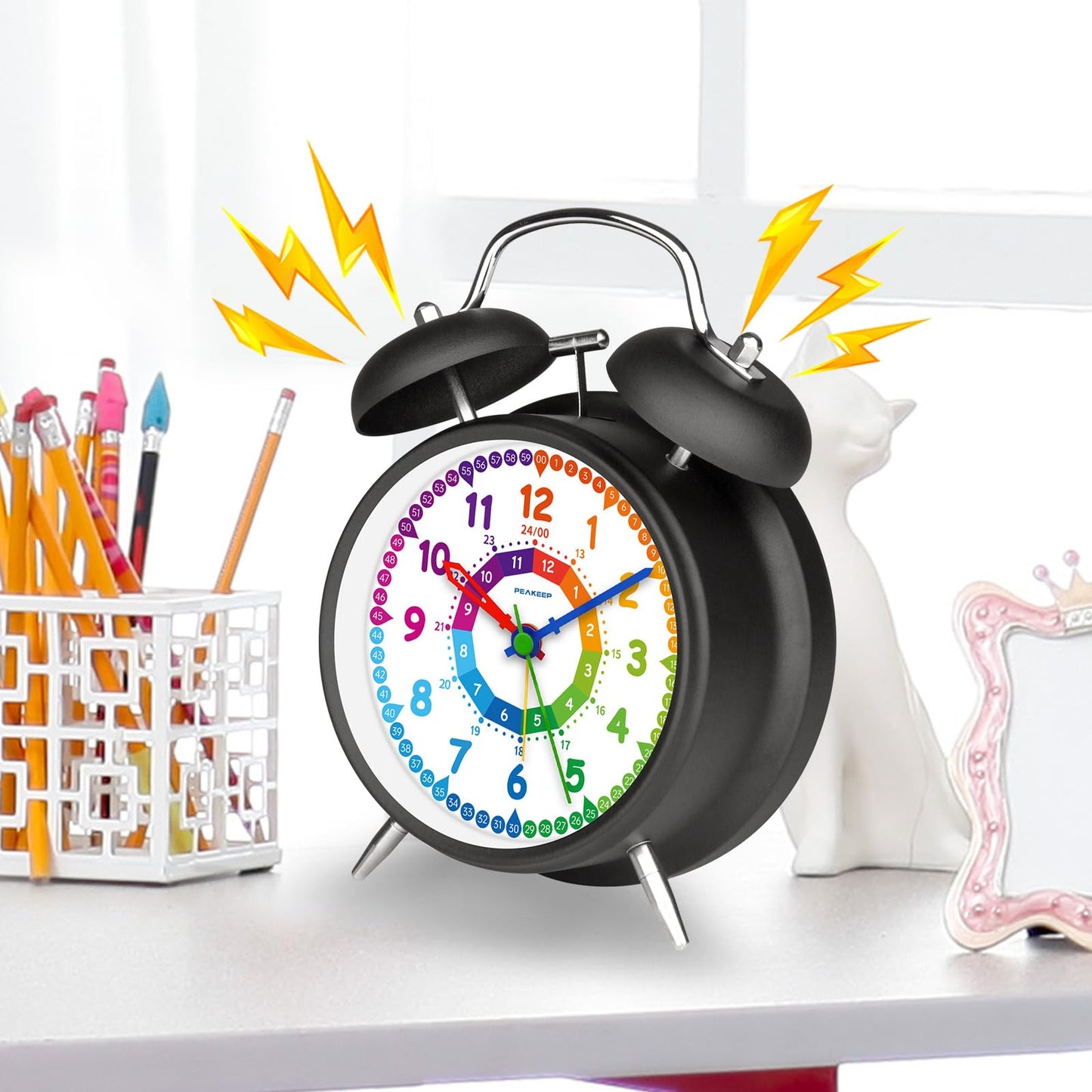 Peakeep 4 Inches Twin Bell Loud Alarm Clock for Heavy Sleepers, Backlight, Battery Operated Old Fashioned Alarm Clock for Bedrooms (3D-Dial, Black)