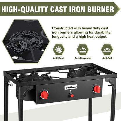 Bestfire 3 Burners Camping Stove for Cooking Outdoor, 225,000 BTU Propane Burners with Ignition wire&Removable Legs, Temperature Control Knobs and 20 PSIG High Pressure Regulator for BBQ
