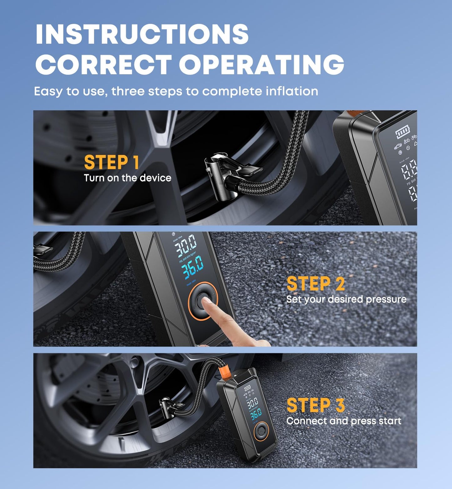 Tire Inflator Portable Air Compressor Portable Air Pump Cordless Bike Pump with Digital Dual Values Display 150 PSI Car Tires Pump with LED Lights Air Pump