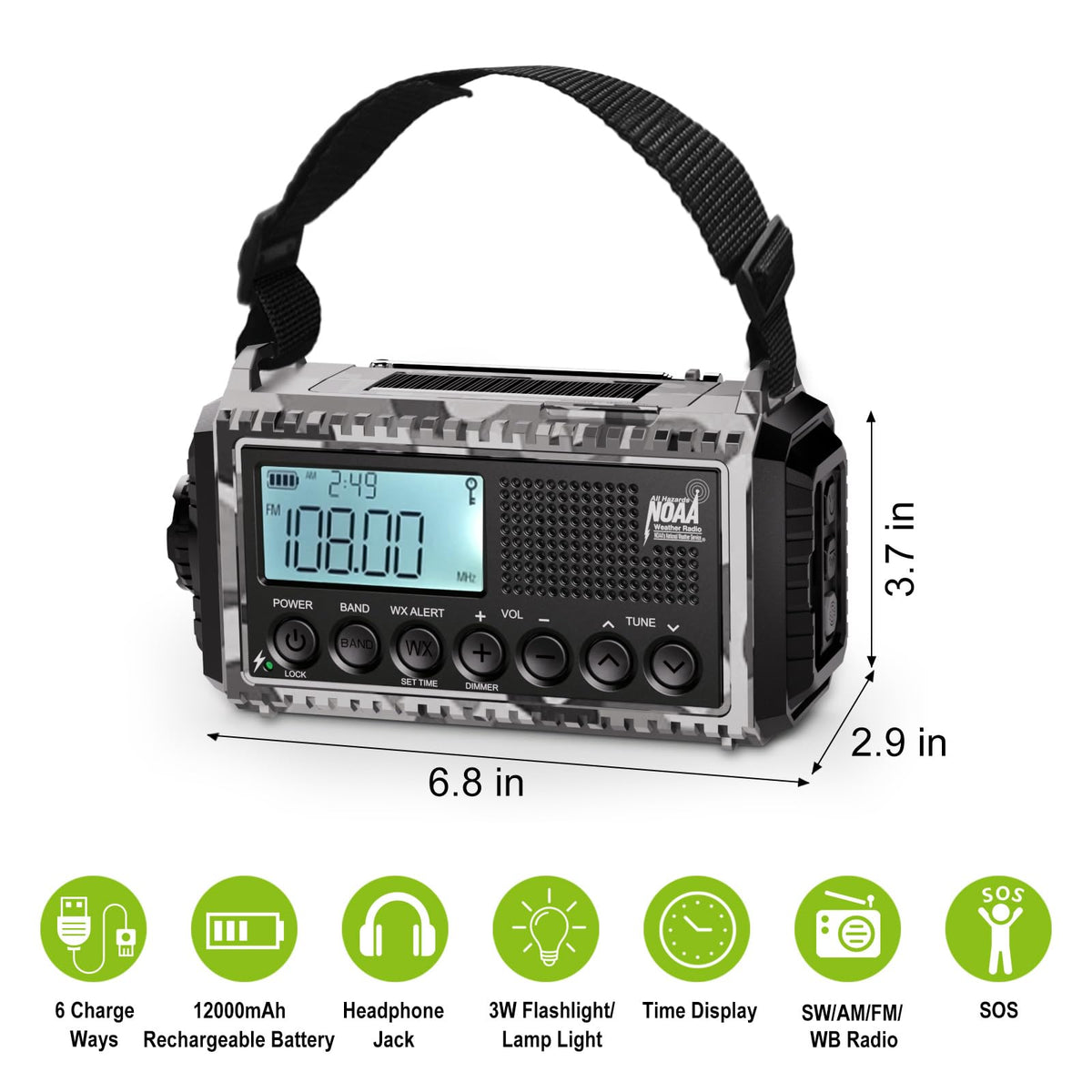 Raynic Emergency Radio, 5000mAh, Solar Hand-Crank AM/FM/SW/NOAA, Charger & Flashlight
