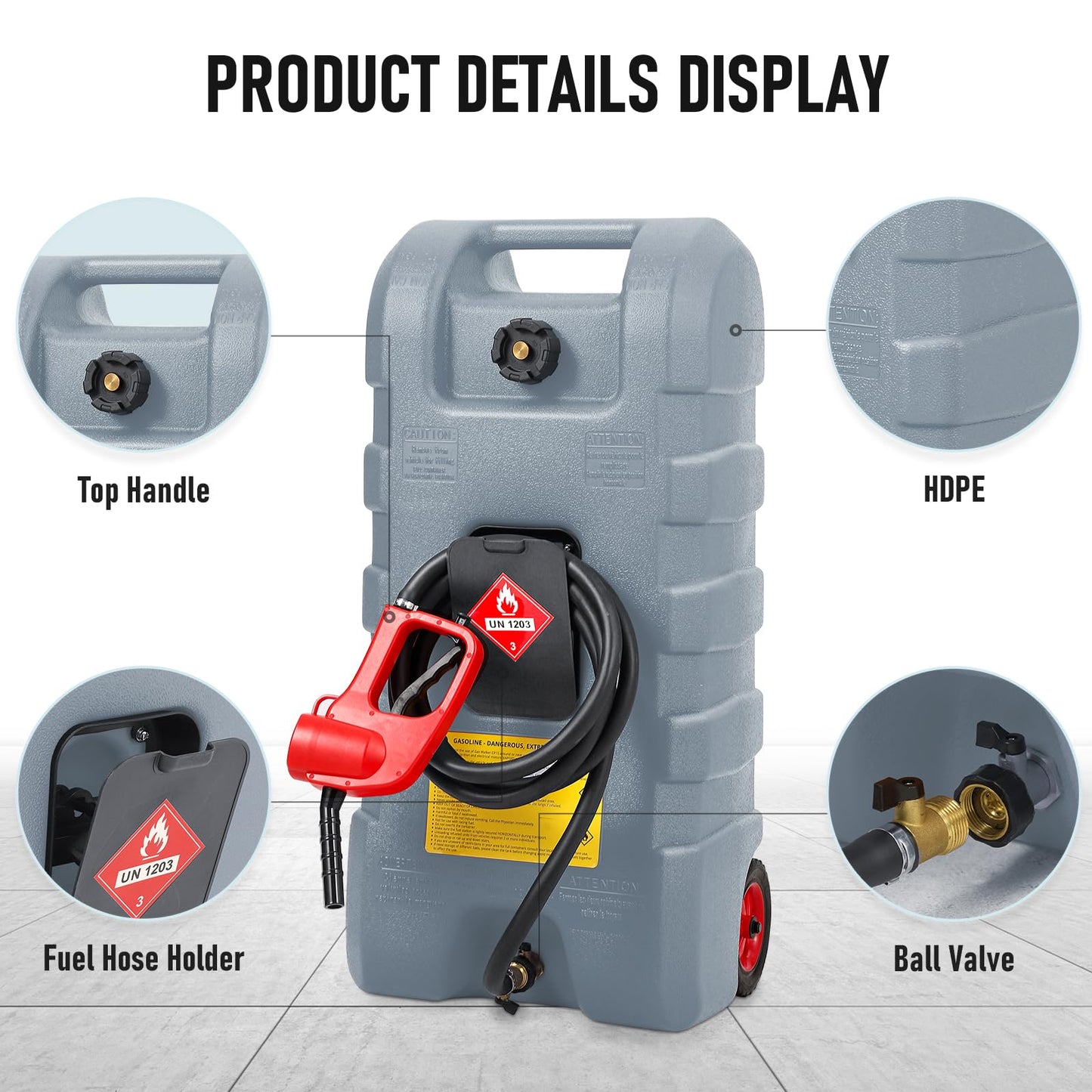 15 Gallon Gas Can, Fuel Tank Container with LE Fluid Transfer Manual Siphon Pump & 10FT Hose, Portable Diesel Gas Storage Caddy with Wheels for Car, ATV, Weeder, Boat, etc., Red