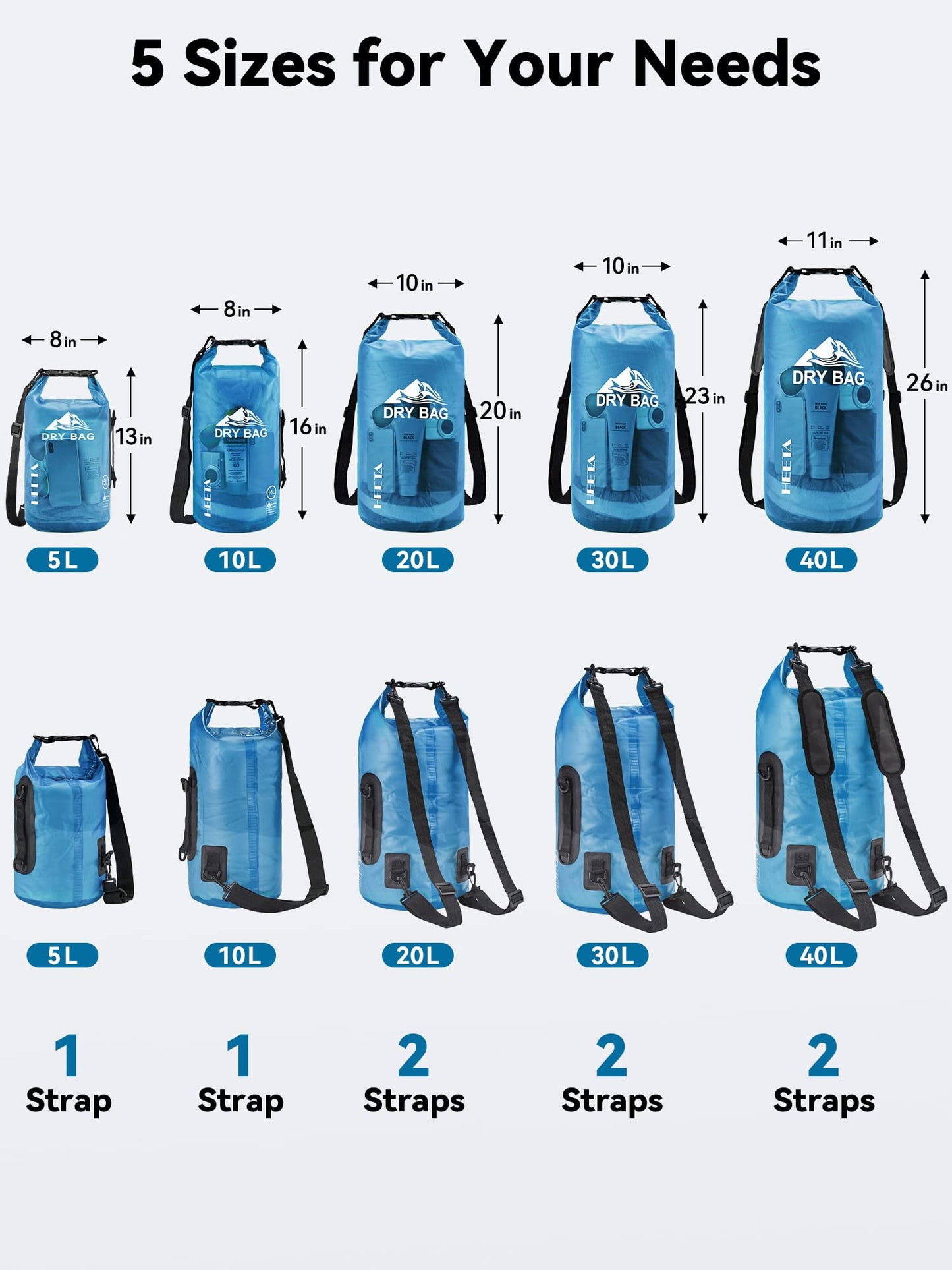 HEETA Dry Bag Waterproof for Women Men, 5L/10L/20L/30L/40L Roll Top Lightweight Dry Storage Bag Backpack with Phone Case for Travel Swimming Boating Kayaking Paddle Board Camping Beach Accessories