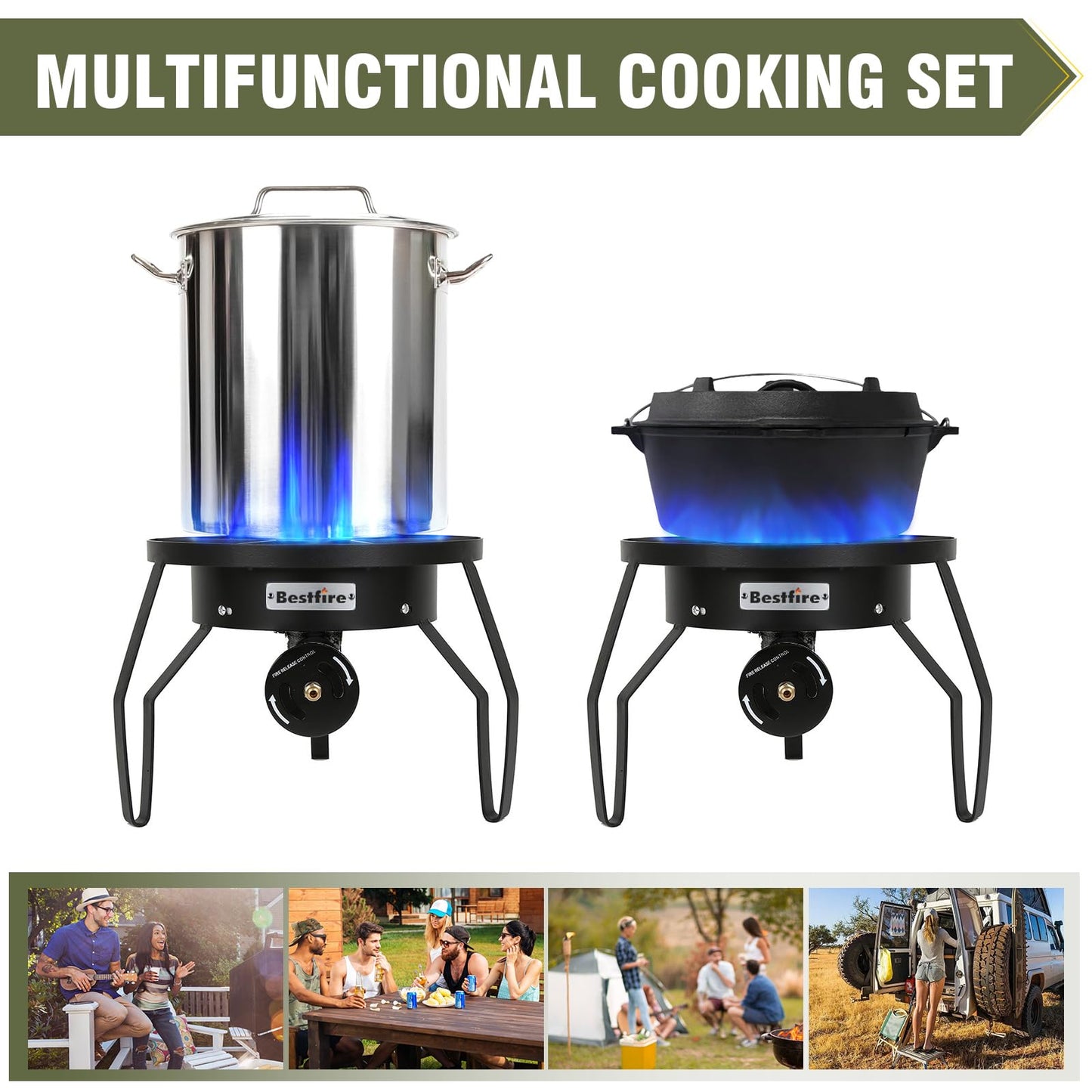 Bestfire 3 Burners Camping Stove for Cooking Outdoor, 225,000 BTU Propane Burners with Ignition wire&Removable Legs, Temperature Control Knobs and 20 PSIG High Pressure Regulator for BBQ
