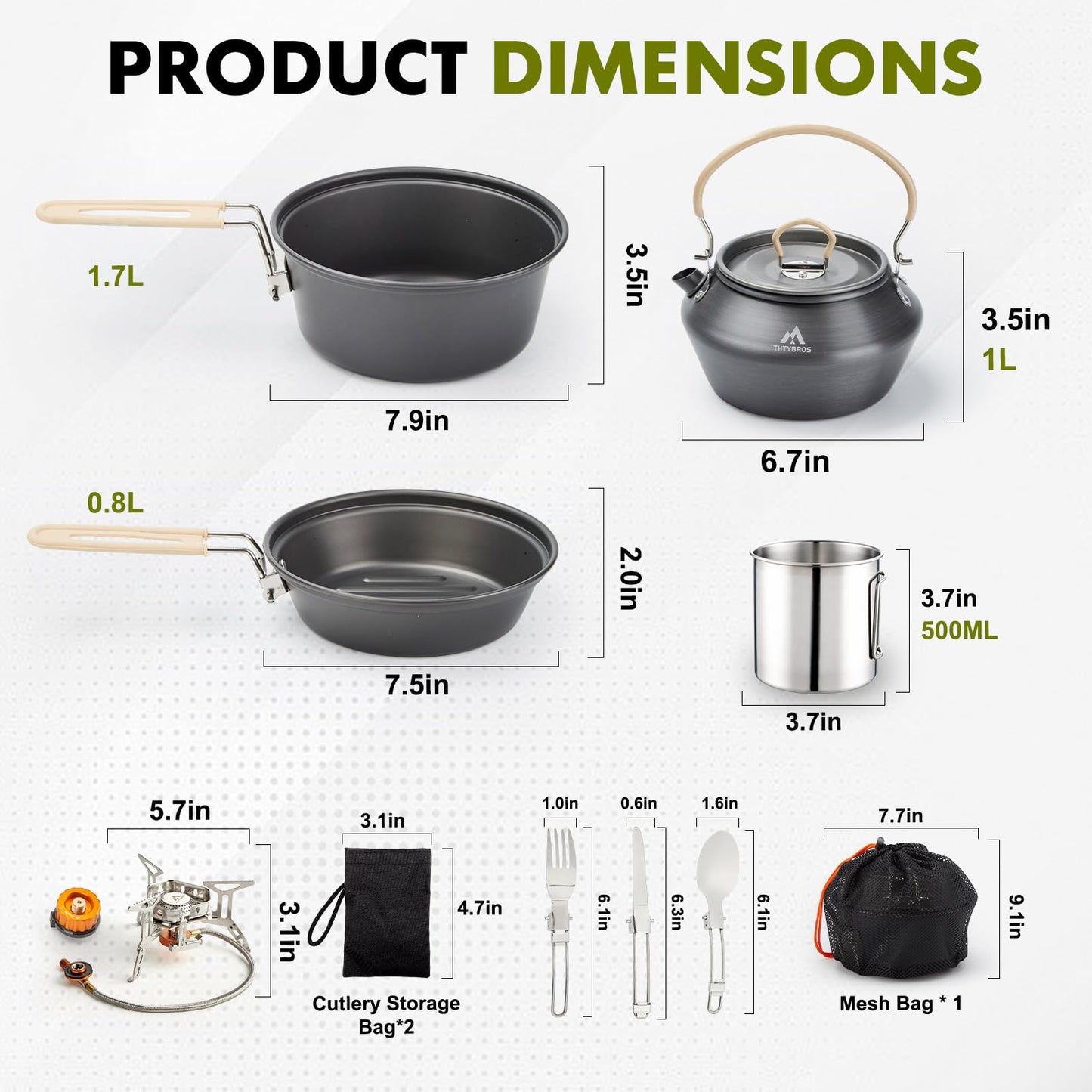 THTYBROS 17pcs Camping Cookware Kit, 0.45Gal Pot, 7inches Pan,0.30Gal Kettle Set with 2 Set Stainless Steel Cups Plates Forks Knives Spoons for Hiking