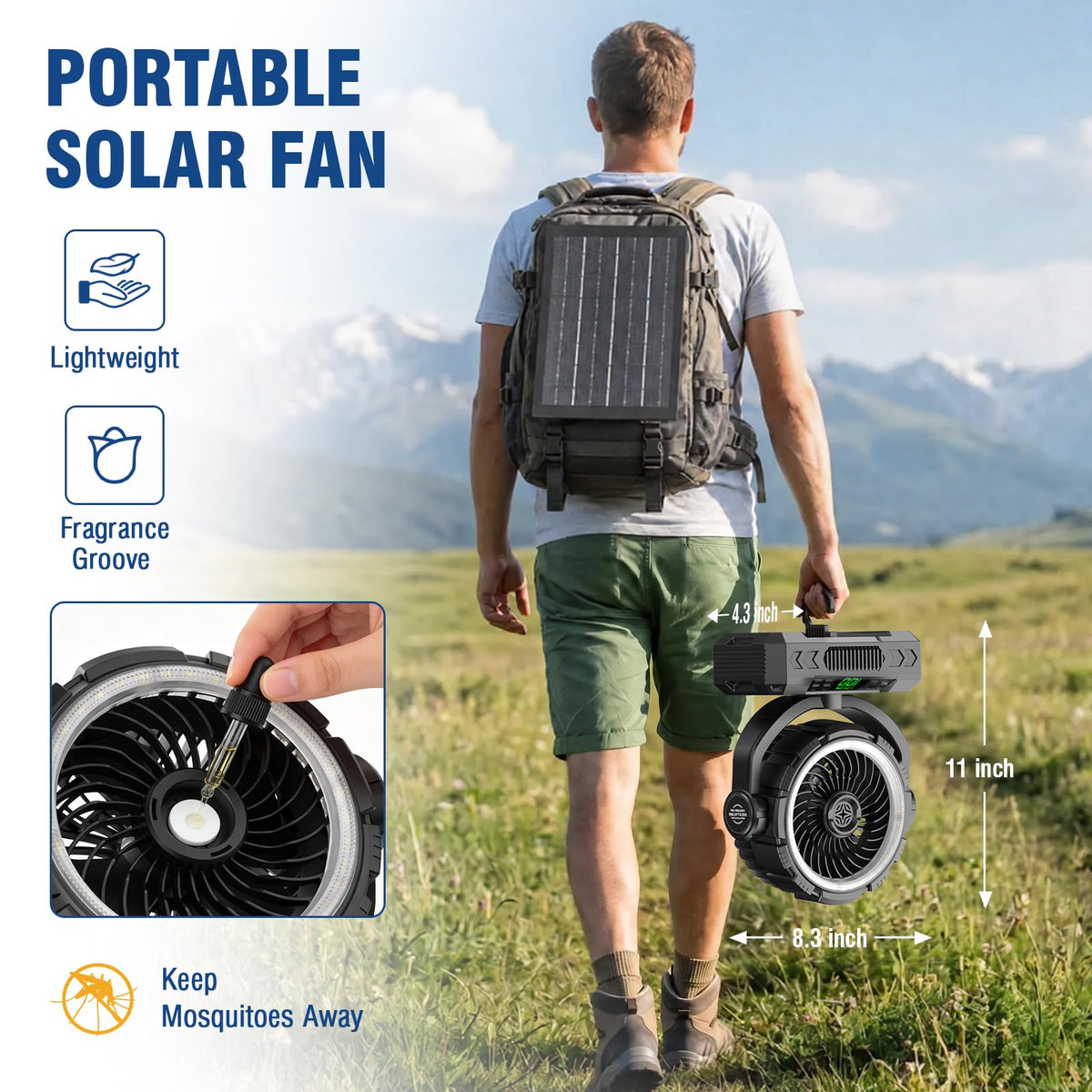 Rechargeable Solar Camping Fan, Oscillating, 5 Speeds, 3 Lights & 12-Hour Timer