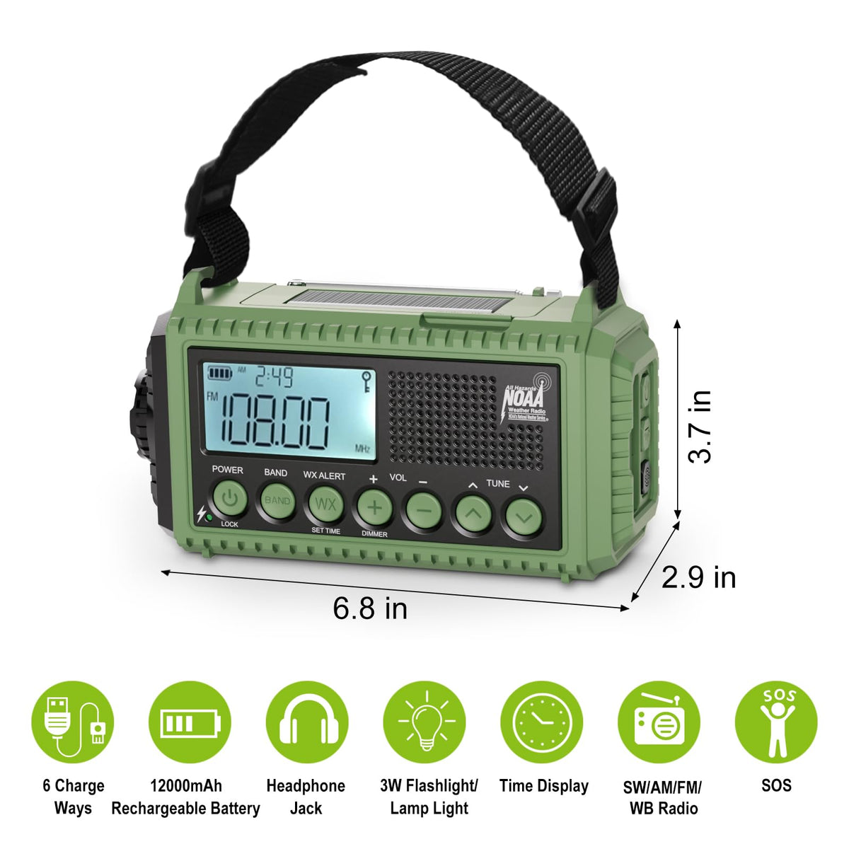 Raynic Emergency Radio, 5000mAh, Solar Hand-Crank AM/FM/SW/NOAA, Charger & Flashlight