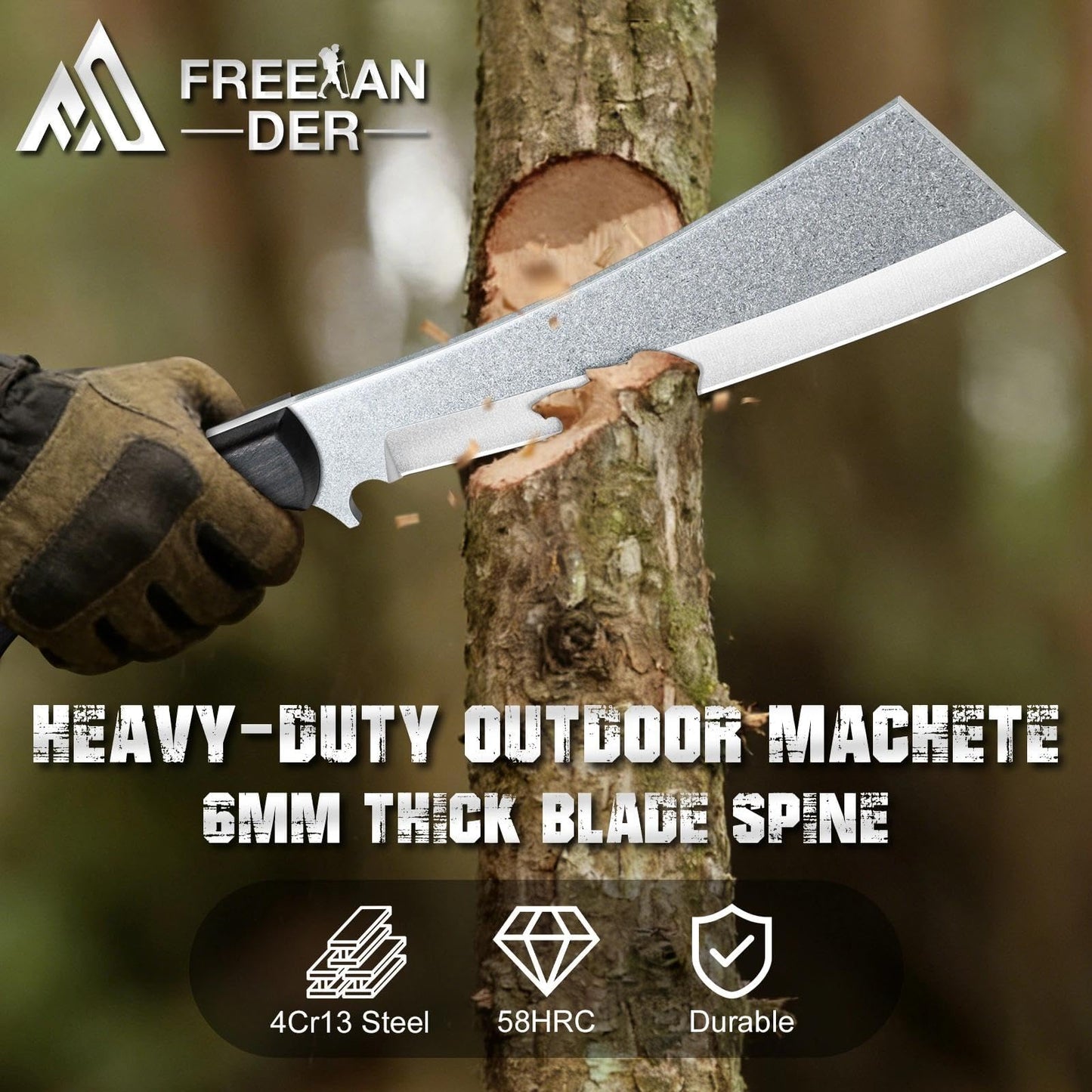 Freelander Japanese Machete for Cutting Trees Heavy Duty, Full Tang Black Survival Machete Knife with Wooden Sheath for Yard Work, Gardening, Camping and Bushcraft, Gifts for Men