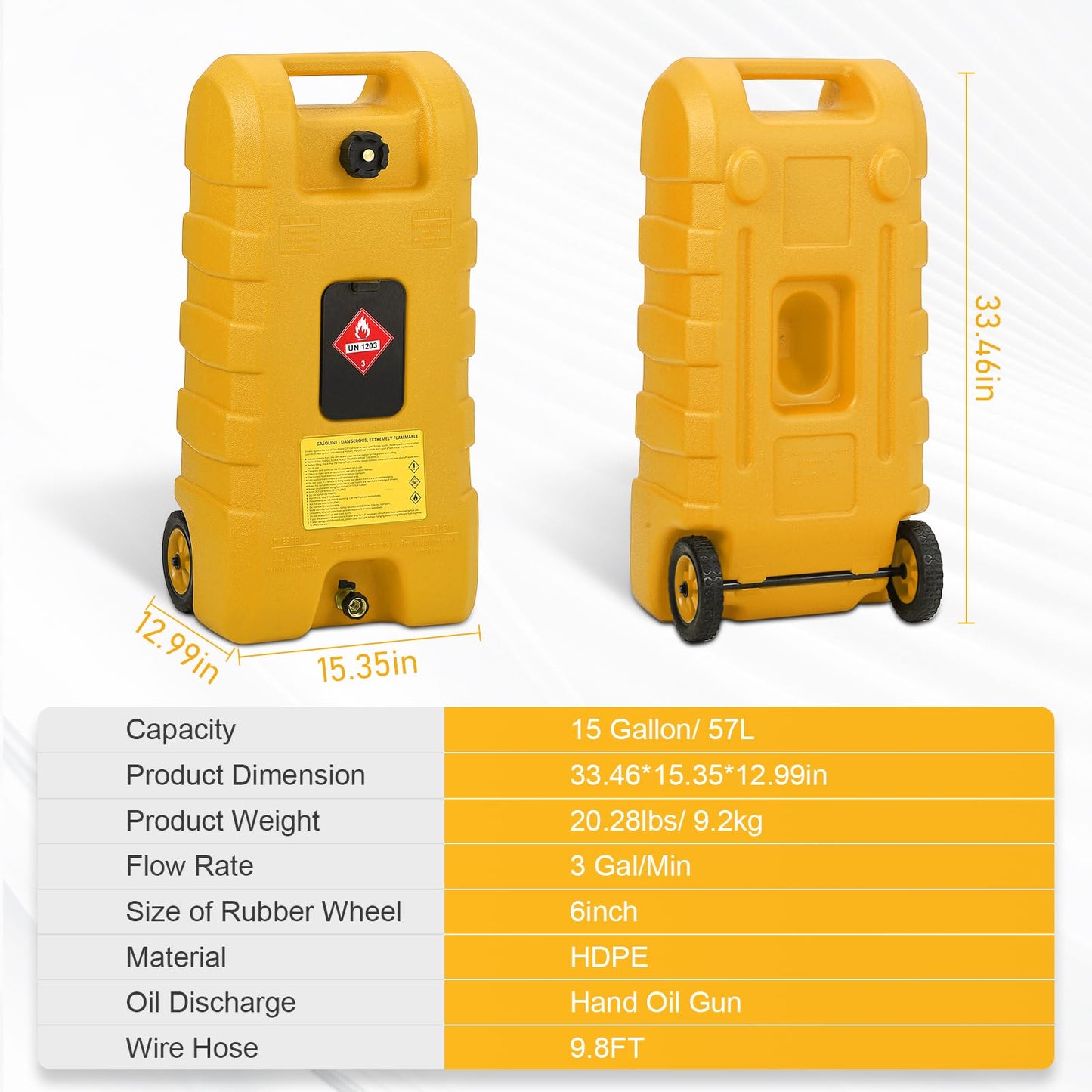 15 Gallon Gas Can, Fuel Tank Container with LE Fluid Transfer Manual Siphon Pump & 10FT Hose, Portable Diesel Gas Storage Caddy with Wheels for Car, ATV, Weeder, Boat, etc., Red