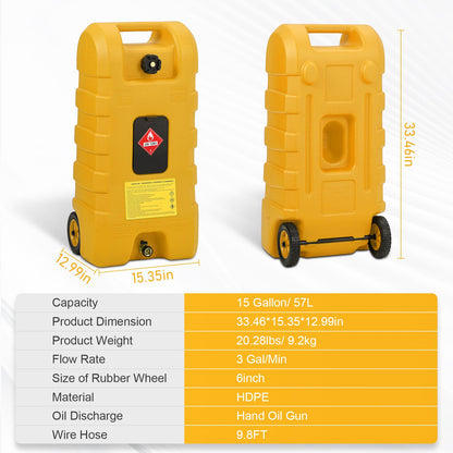 15 Gallon Gas Can, Fuel Tank Container with LE Fluid Transfer Manual Siphon Pump & 10FT Hose, Portable Diesel Gas Storage Caddy with Wheels for Car, ATV, Weeder, Boat, etc., Red