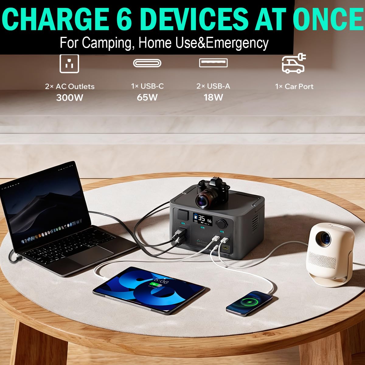 Portable Power Station 300W, 600W Peak Backup LiFePO4 Battery 192Wh Solar Generator with 120V Pure Sine Wave AC Outlet for Camping Emergency Travel Outdoor Home Blackout