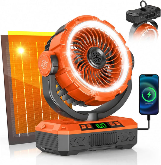 Rechargeable Solar Camping Fan, Oscillating, 5 Speeds, 3 Lights & 12-Hour Timer