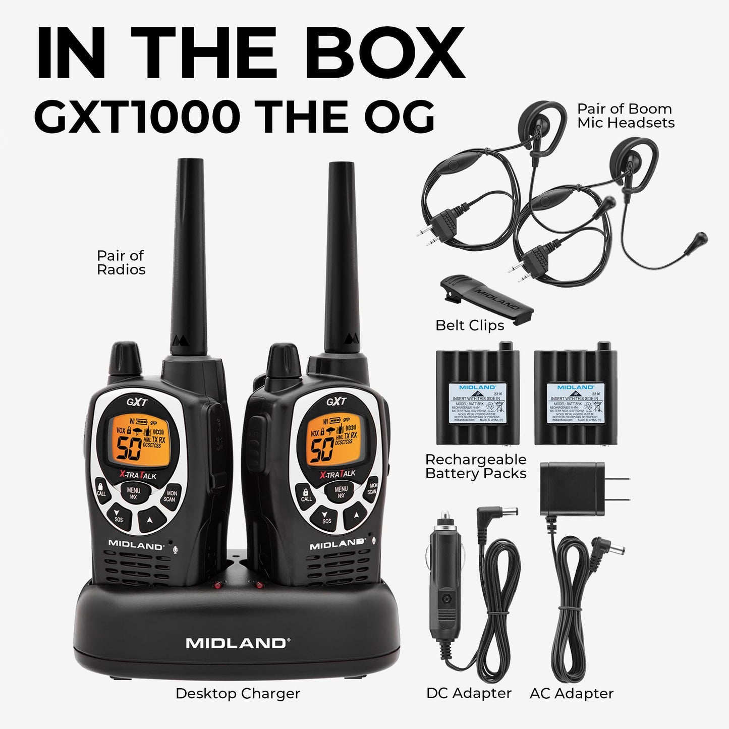 Midland GXT1000X3VP4 GMRS Two-Way Radio (50-Channel, Long Range, 142 Privacy Codes, SOS, NOAA, Rechargeable Nickle Battery, Black/Silver, 3-Pack)