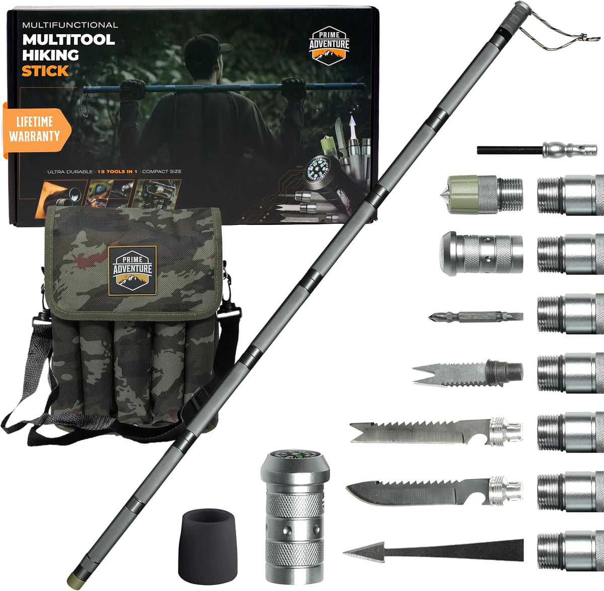 Prime Adventure 15-in-1 Collapsible Hiking Staff, 8 Tubes