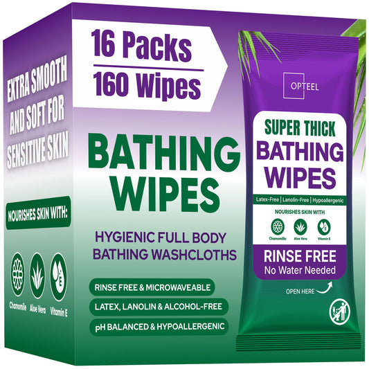 OPTEEL Super Thick Bathing Wipes for Adults Bathing No Rinse – Full Body Shower Wipe, Ideal for Men, Women & Elderly – Extra Large & Soft Travel Wipes Perfect Alternative to Shower – 8 Packs (80ct)