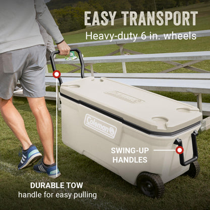 Coleman Classic Series Insulated Portable Rolling Cooler with Wheels, Leak-Resistant Outdoor Hard Cooler Keeps Ice up to 5 Days, 100-Quart