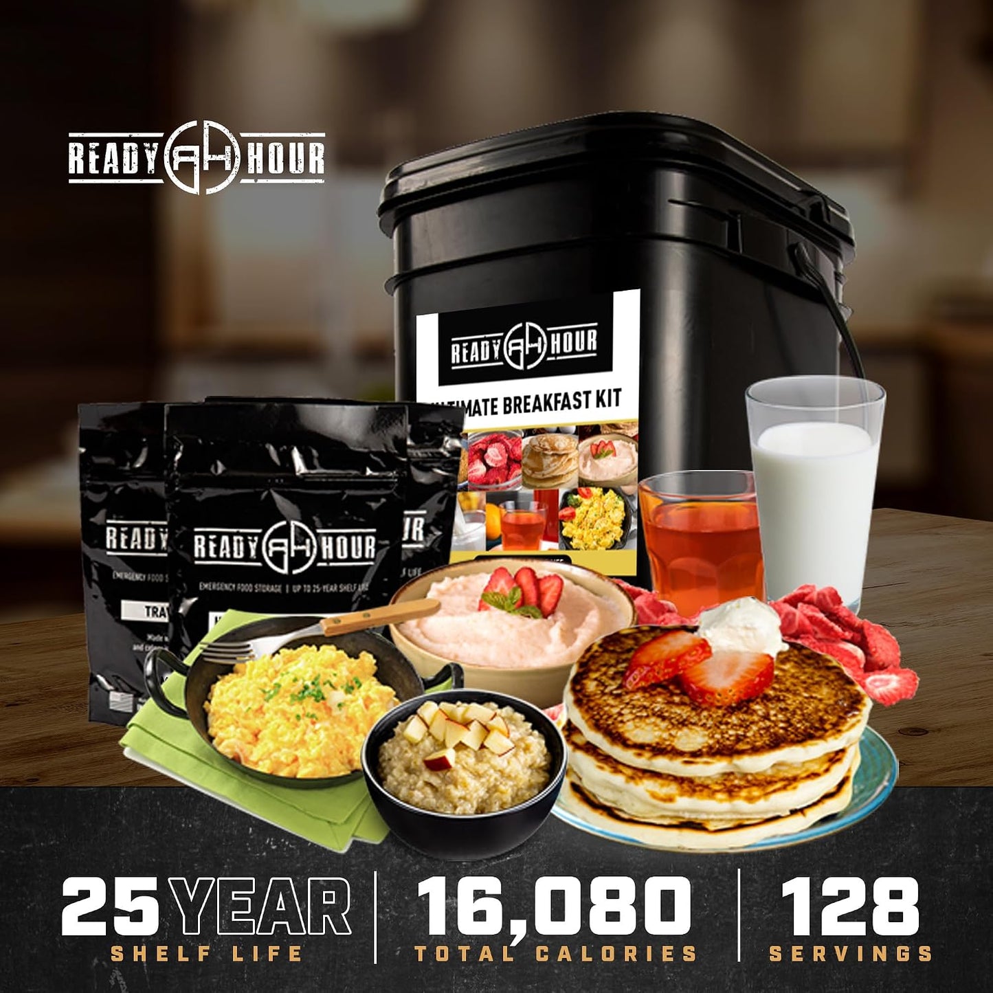 Ready Hour Breakfast Bucket (128 Servings), Emergency Food Supply, Emergency Food Kit, 25-Year Shelf Life Food, Survival Food Buckets, Long-Lasting Food Supply, Flood-Safe Container