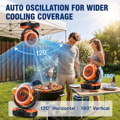 Rechargeable Solar Camping Fan, Oscillating, 5 Speeds, 3 Lights & 12-Hour Timer