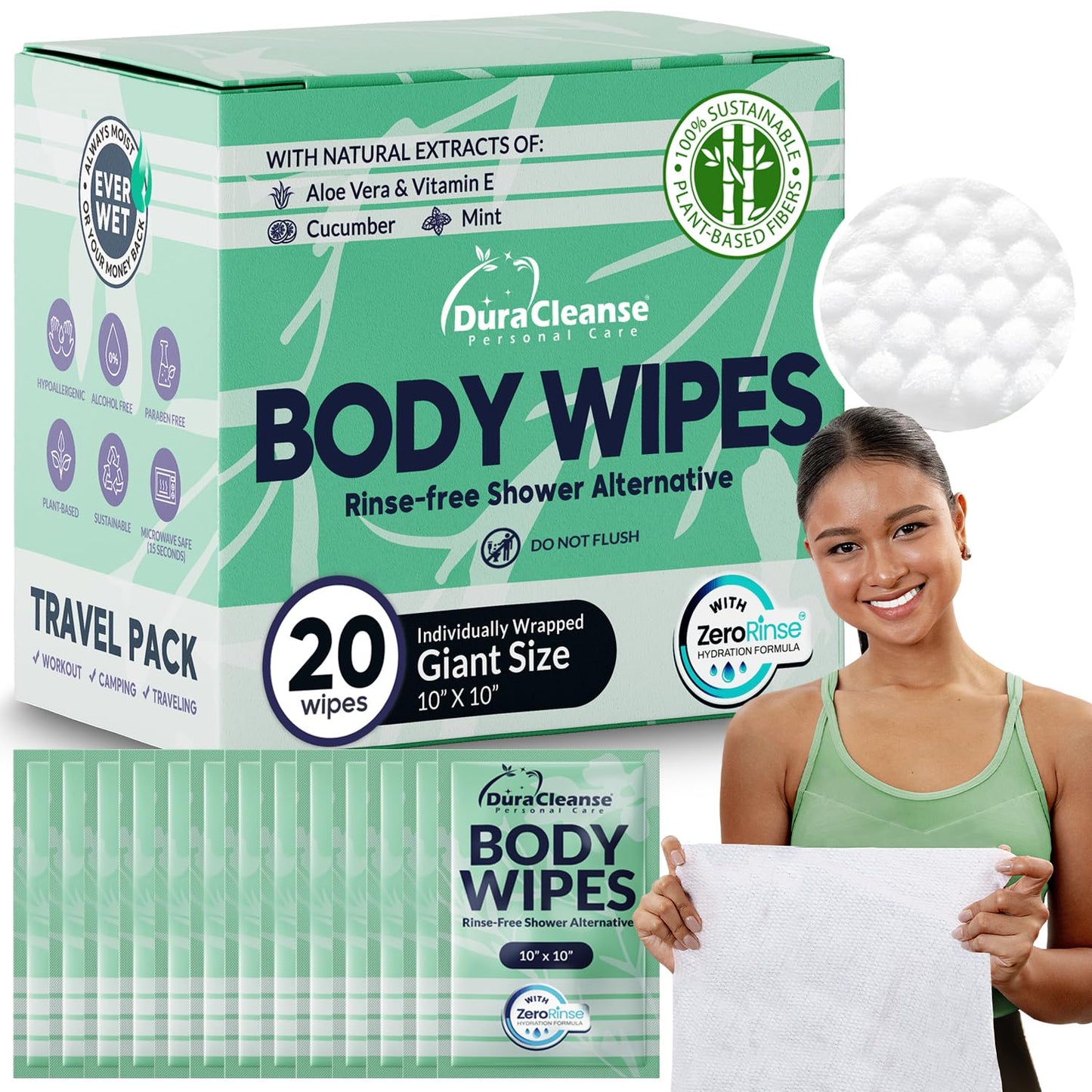 XL Body Wipes for Adults Bathing – 50 Ct + 4 Travel Shower Wipes 10 x 11.5" Thick Cleansing No Rinse Bath Wash Sheets for Elderly, Incontinence, Men & Women, Camping Essentials Disposable Washcloths