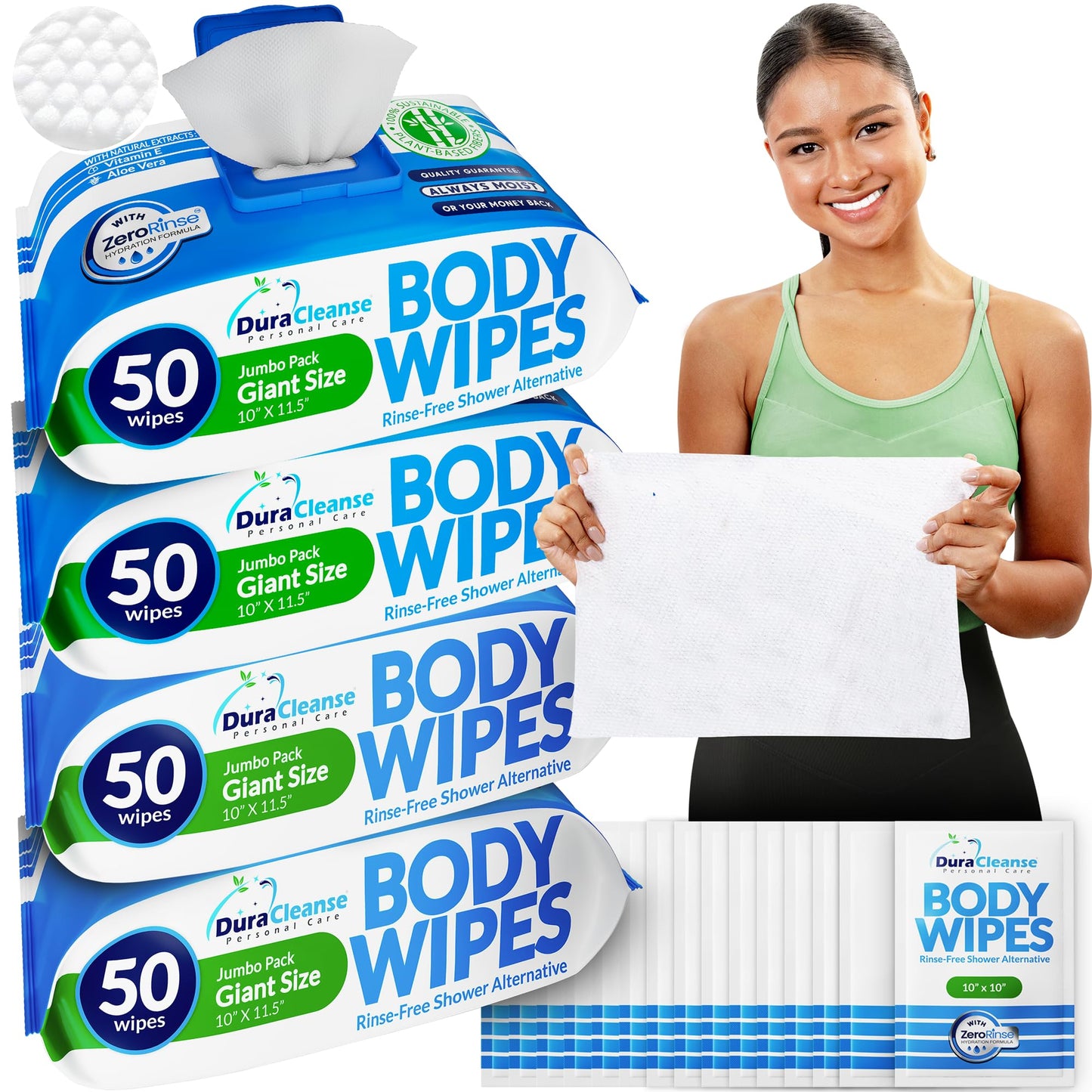 XL Body Wipes for Adults Bathing – 50 Ct + 4 Travel Shower Wipes 10 x 11.5" Thick Cleansing No Rinse Bath Wash Sheets for Elderly, Incontinence, Men & Women, Camping Essentials Disposable Washcloths